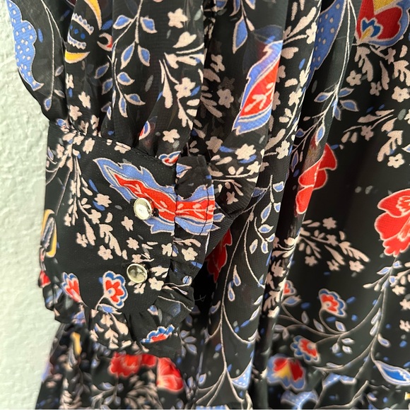 Romantic Floral Tie Neck Dress Black Sheer Sleeve Ruffle Boho - Size 14 - Picture 10 of 13